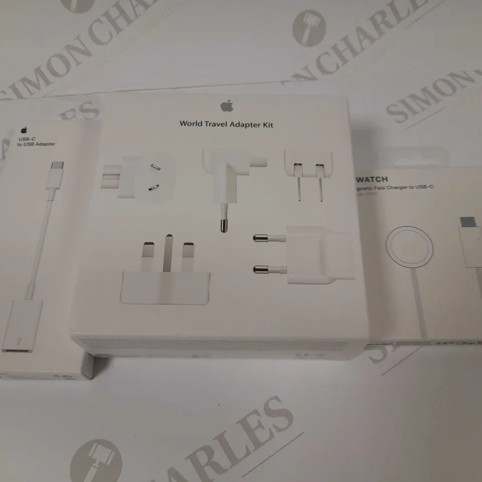 3 ASSORTED APPLE PRODUCTS TO INCLUDE; USB-C TO USB ADAPTER, WORLD TRAVEL ADAPTER KIT AND MAGNETIC FAST CHARGER TO USB-C