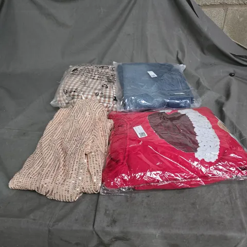 BOX OF APPROIXMATELY 15 ASSORTED CLOTHING ITEMS TO INCLUDE JEANS, CHECK SHIRT, XMAS TOP, LADIES SEQUIN TOP ETC