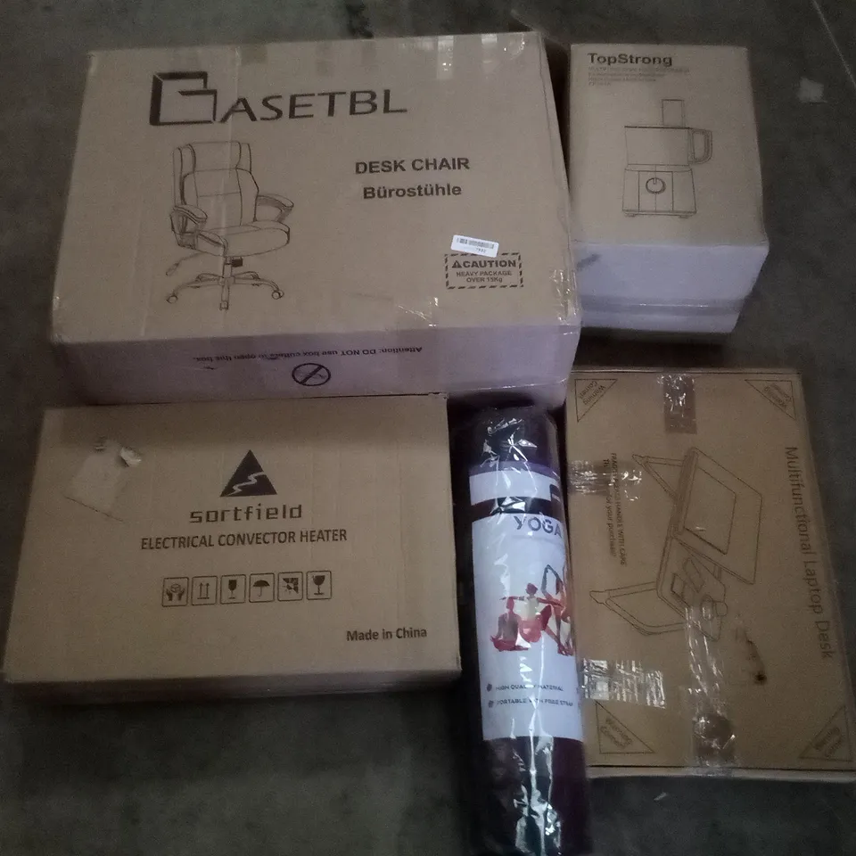 PALLET OF ASSORTED ITEMS INCLUDING DESK CHAIR, MULTIFUNCTIONAL FOOD PROCESSOR, MULTIFUNCTIONAL LAPTOP DESK, YOGA MAT, SORTFIELD ELECTRICAL CONVECTOR HEATER, FOLDING DESK