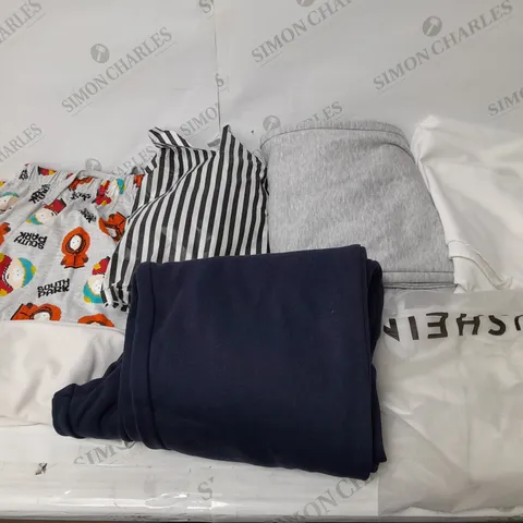 LARGE BOX OF ASSORTED CLOTHING ITEMS IN VARIOUS COLOURS AND SIZES INCLUDING TROUSERS , TOPS AND JUMPERS