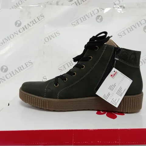 BOXED RIEKER HI TOP CUFFED TRAINERS, KHAKI - SIZE 7.5