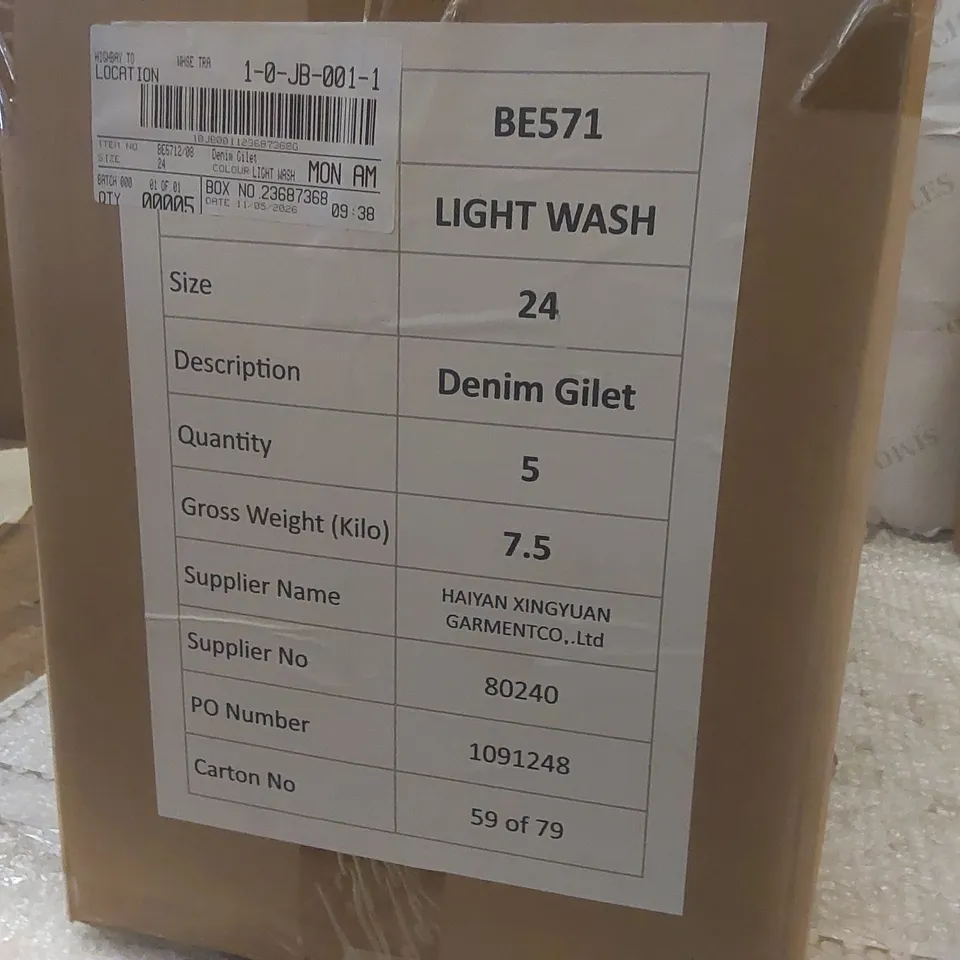 BOX CONTAINING APPROXIMATELY 5x BRAND NEW SIMPLY BE LIGHT WASH DENIM GILETS - SIZE 24