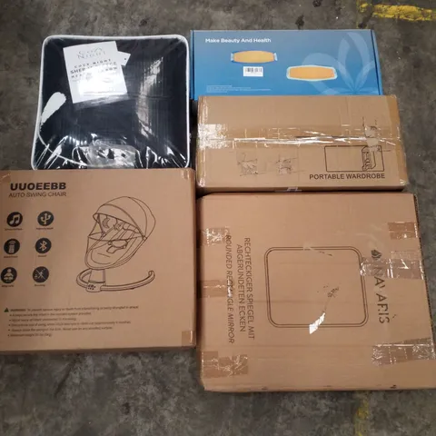 PALLET CONTAINING ASSORTED PRODUCTS INCLUDING AUTO SWING CHAIR, SHERPA FLEECE, ROUND RECTANGLE MIRROR, PORTABLE WARDROBE & LED THERAPY LIGHT