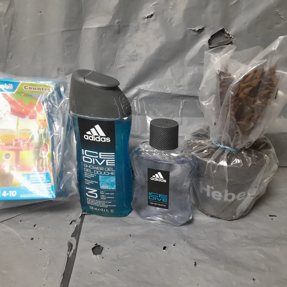 APPROXIMATELY 5 ASSORTED ITEMS TO INCLUDE ADIDAS ICE DIVE DUO, PLAYMOBIL MINI SET, HEBA RED EDGE PLANT, EC