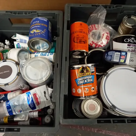 4 CRATES OF ASSORTED HOUSEHOLD ITEMS TO INCLUDE GORILLA WATERPROOF COAT AND SEAL, CARS LEATHER OIL AND PHILLIPS LIGHT BULB - COLLECTION ONLY