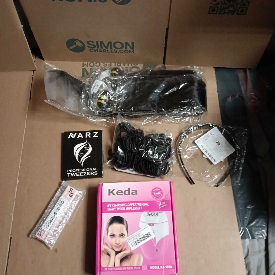 APPROXIMATELY 15 ASSORTED HEALTH & BEAUTY PRODUCTS TO INCLUDE HAIR REMOVER TOOL, HEAD BAND, PONYTAIL CLIP INS, BOBBLES & LIP LINER