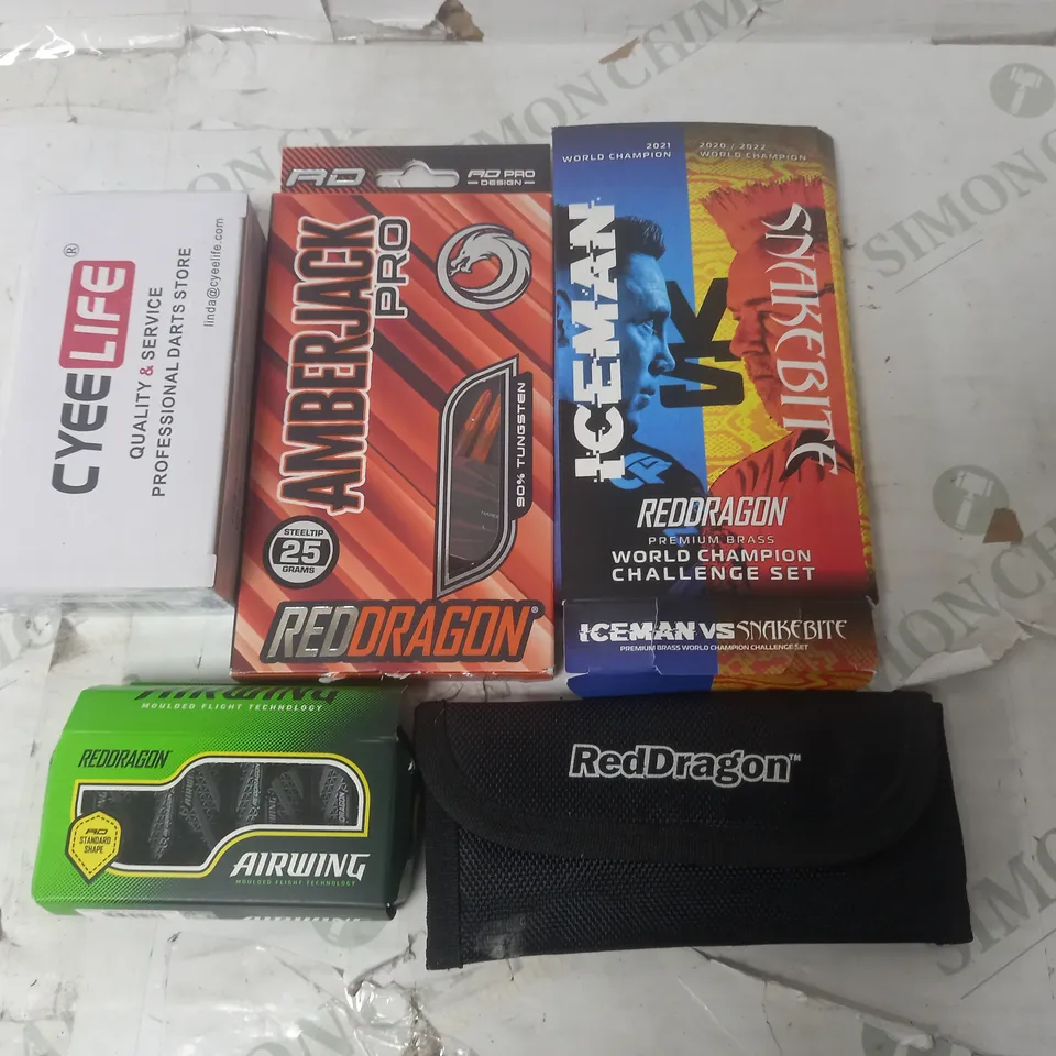 LOT OF 5 ASSORTED DARTS ITEMS TO INCLUDE RED DRAGON AMBERJACK PRO SET