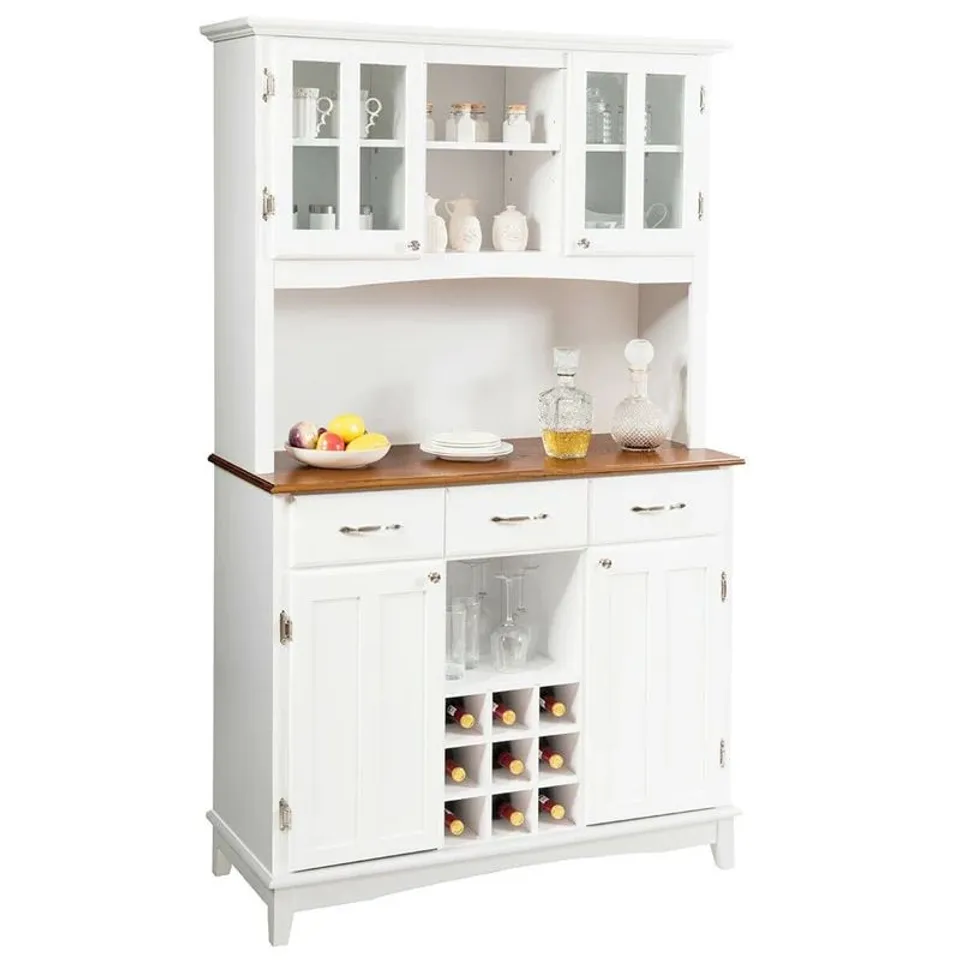 BOXED KITCHEN HUTCH SIDEBOARD WOOD BUFFET CABINET KITCHENWARE SERVER WITH WINE BOTTLE MODULARS AND 3 LARGE DRAWERS - WHITE (2 BOXES)