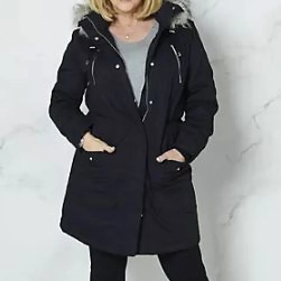 RUTH LANGSFORD FAUX FUR TRIM PARKA COAT BLACK MEDIUM