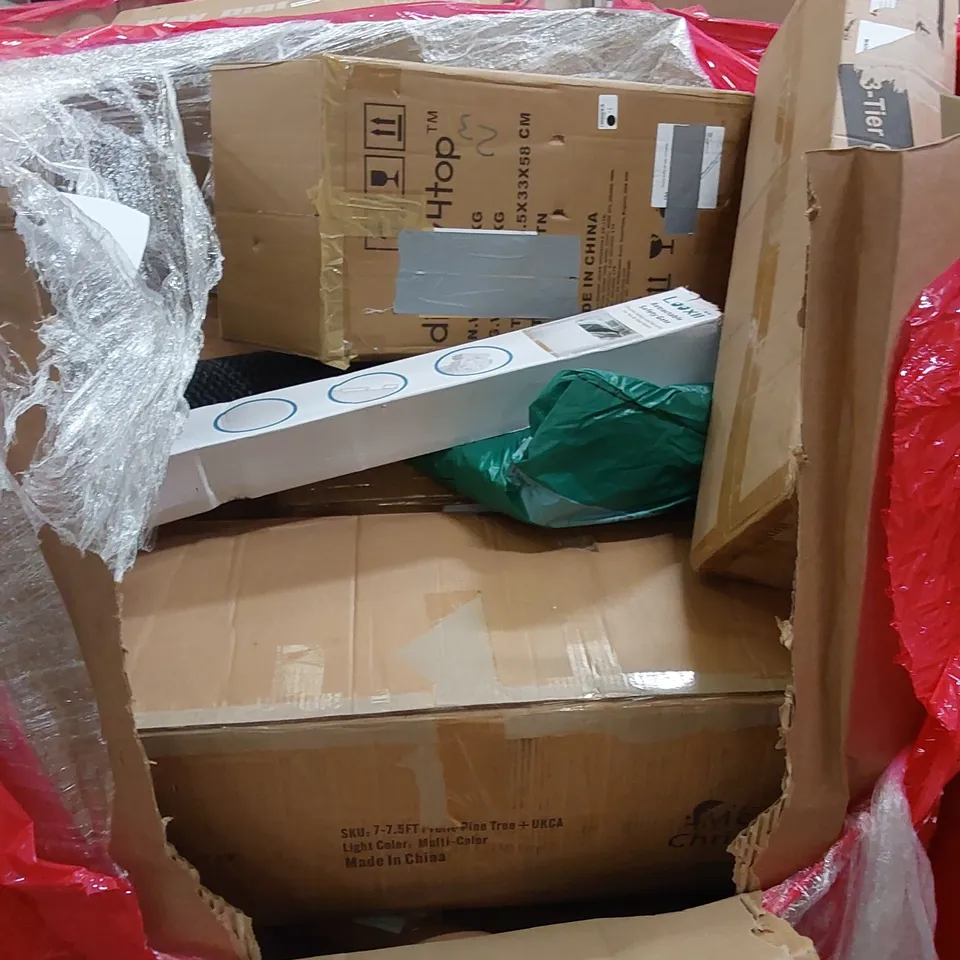 PALLET OF ASSORTED HOUSEHOLD ITEMS AND CONSUMER PRODUCTS. INCLUDES; AIR PURIFIER, BABY TRAY, SAFETY HANDLE, CHRISTMAS TREE, BOXED FURNITURE ETC 
