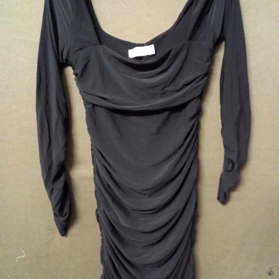 CLUB L LONG SLEEVE SQUARE NECK RUCHED MINI DRESS IN BLACK - UK 14