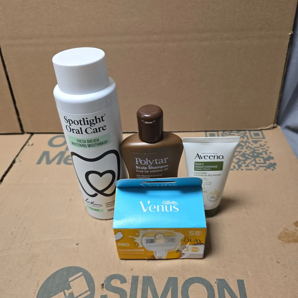 TOTE OF APPROXIMATELY 18 ASSORTED COSMETIC ITEMS TO INCLUDE SPOTLIGHT ORAL CARE, POLYTAR SCALP SHAMPOO, AVEENO CREAM, GILETTE VENUS ETC