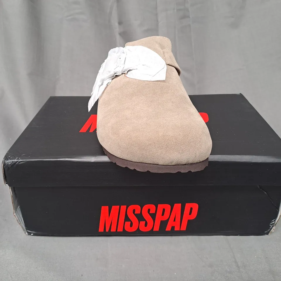 BOXED PAIR OF MISSPAP FAUX SUEDE BUCKLE CLOGS IN BEIGE SIZE 6