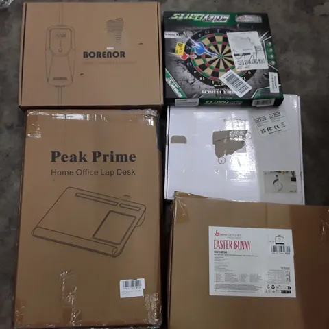 PALLET TO CONTAIN AN ASSORTMENT OF HOUSEHOLD ITEMS TO INCLUDE LAPTOP BEDS, DART BOARDS, EASTER BUNNY COSTUMES AND EV CHARGER ECT