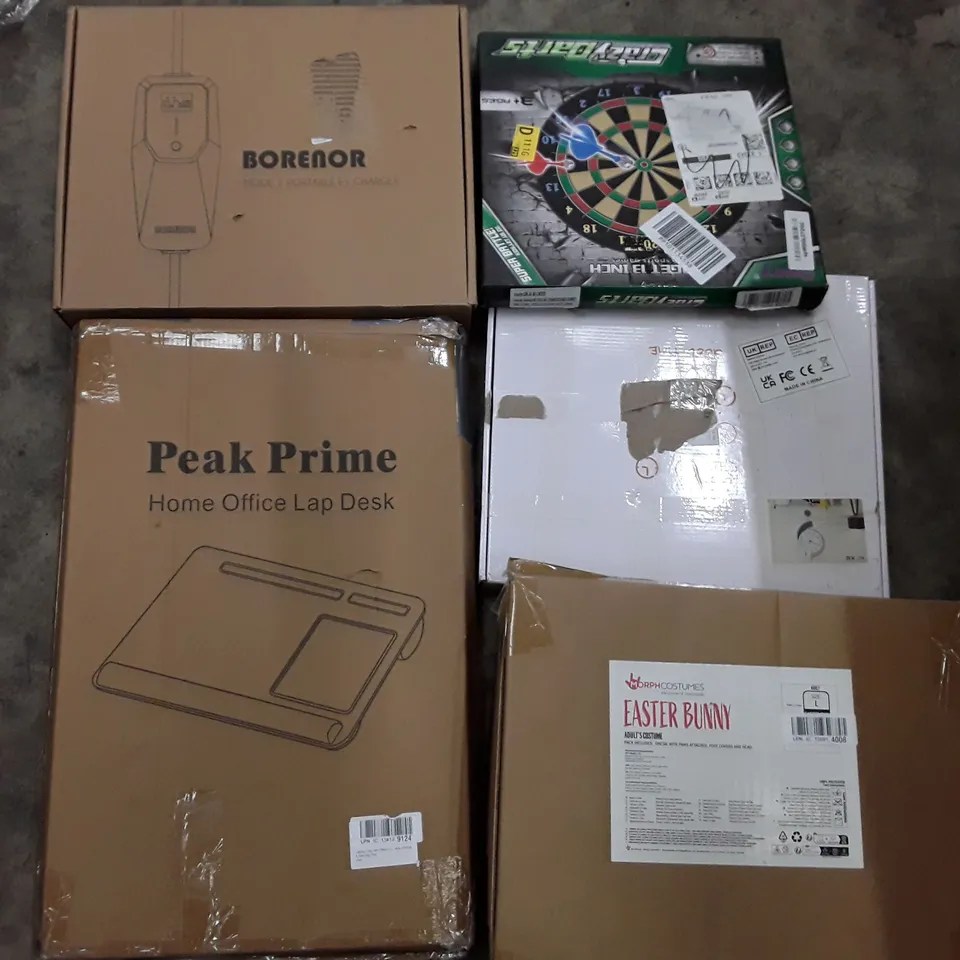 PALLET TO CONTAIN AN ASSORTMENT OF HOUSEHOLD ITEMS TO INCLUDE LAPTOP BEDS, DART BOARDS, EASTER BUNNY COSTUMES AND EV CHARGER ECT