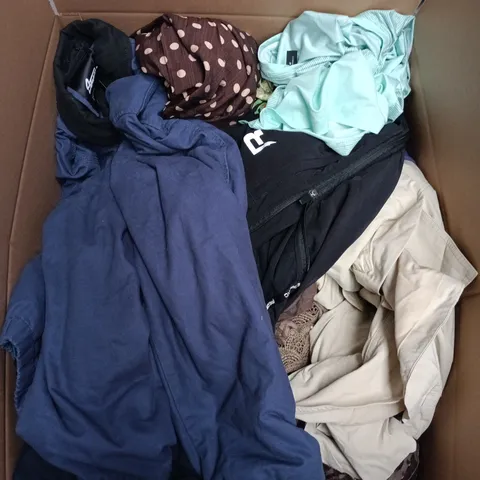 LARGE BOX OF APPROXIMATELY 25 ASSORTED CLOTHING ITEMS IN VARIOUS COLOURS, STYLES AND SIZES - COLLECTION ONLY
