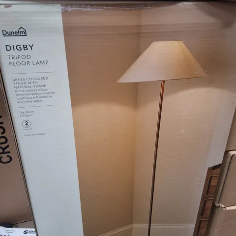 BOXED DUNELM DIGBY TRIPOD FLOOR LAMP β BRASS-COLOURED STAND WITH NATURAL SHADE