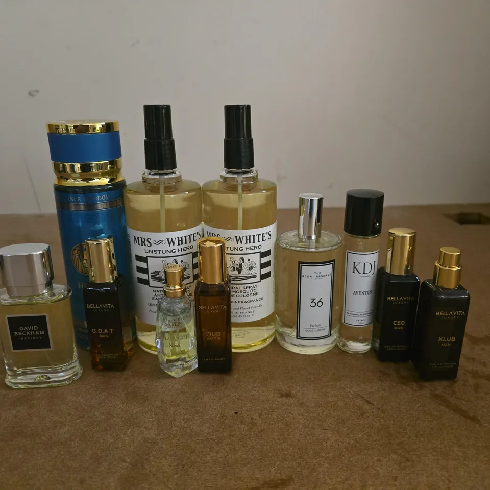 LOT OF 11 ASSORTED UNBOXED PERFUMES IN VARIOUS SIZES TO INCLUDE DAVID BECKHAM INSTINCT AND MRS WHITE UNSTUNG HEROES