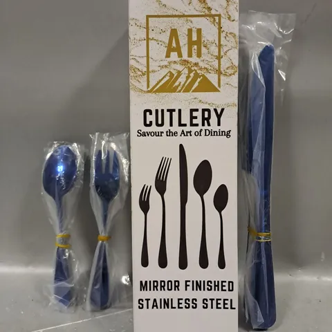 BOXED AH MIRROR FINISHED STAINLESS STEEL CUTLERY SET IN BLUE