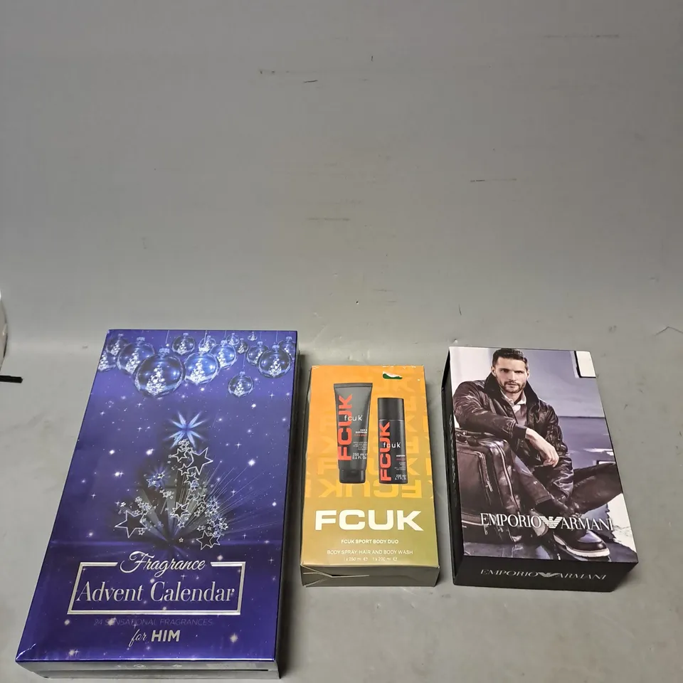 APPROXIMATELY 3 ASSORTED COSMETIC BOXSETS TO INCLUDE - EMPORIO ARMANI WATCH & PERFUME GIFT SET - FCUK SPORT BODY DUO - FRAGRANCE ADVENT CALENDER FOR HIM