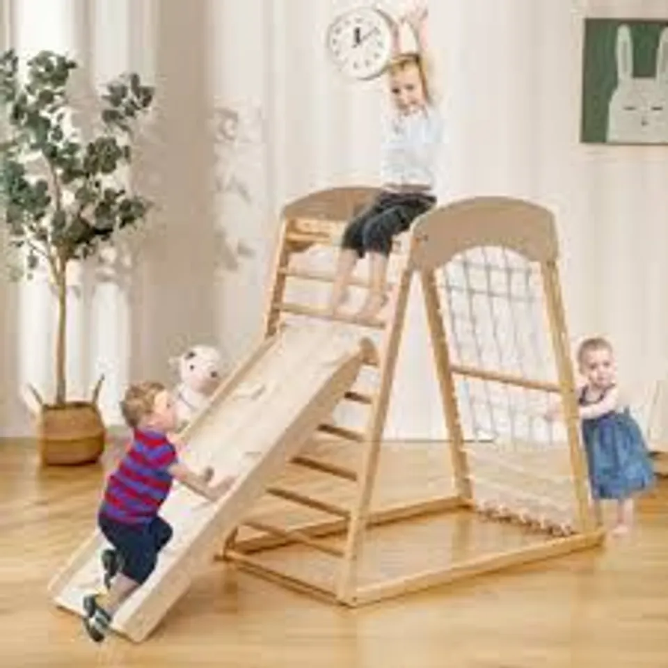 BOXED 6-IN-1 JUNGLE GYM WOODEN INDOOR PLAYGROUND WITH DOUBLE-SIDED RAMP-NATURAL