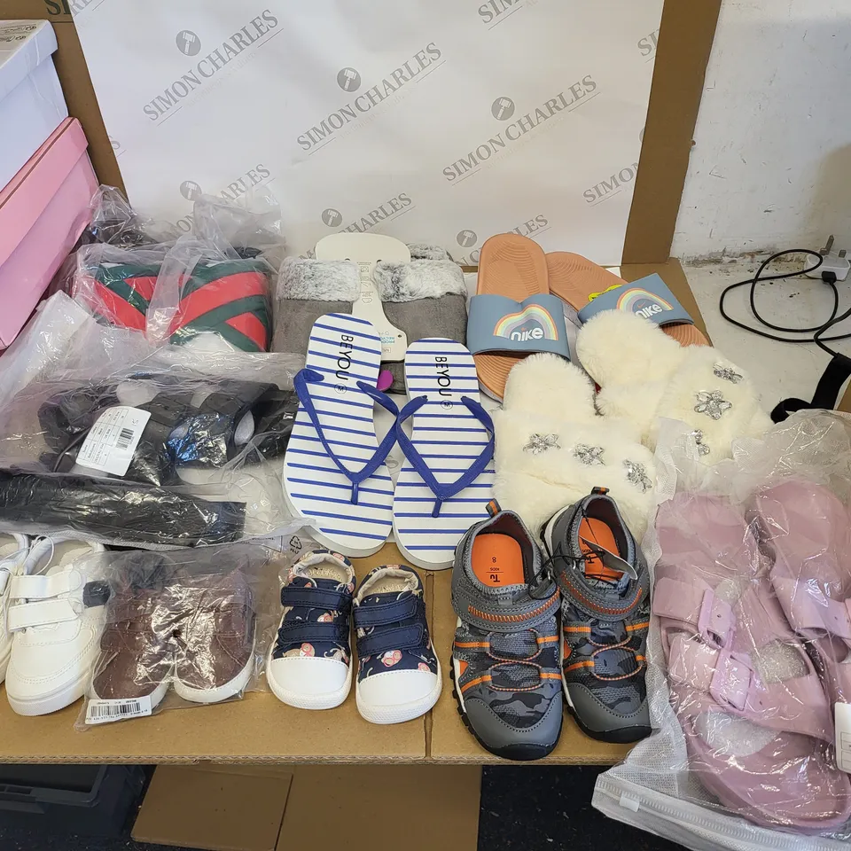 BOX OF APPROXIMATELY 15 ASSORTED PAIRS OF SHOES TO INCLUDE NIKE RAINBOW FLIP FLOPS, CLARKS BABY SHOES, BLACK/WHITE TRAINERS , ETC