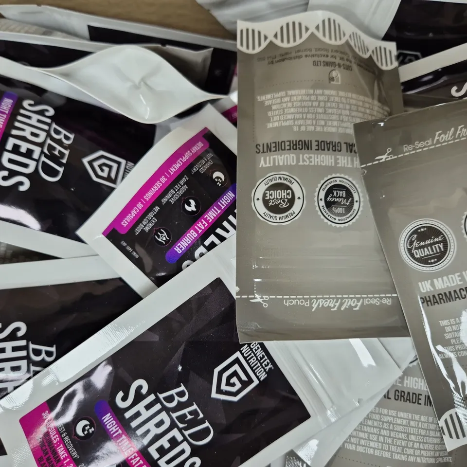 BOX OF APPROXIMATELY 85 PACKS OF CUTS-N-GAINS TABLETS - BED SHREDS (30 TABLETS PER PACK)