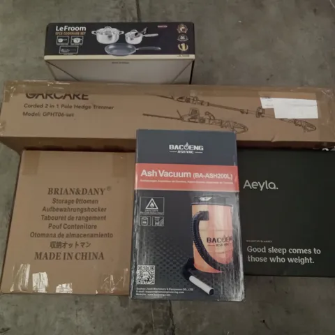 PALLET OF ASSORTED ITEMS INCLUDING BRAIN&DANY STORAGE OTTOMAN, AEYLA WEIGHTED BLANKET, GARCARE CORDED 2 IN 1 POLE HEDGE TRIMMER, BACOENG ASH VACUUM, STOREMIC TOILET SEAT