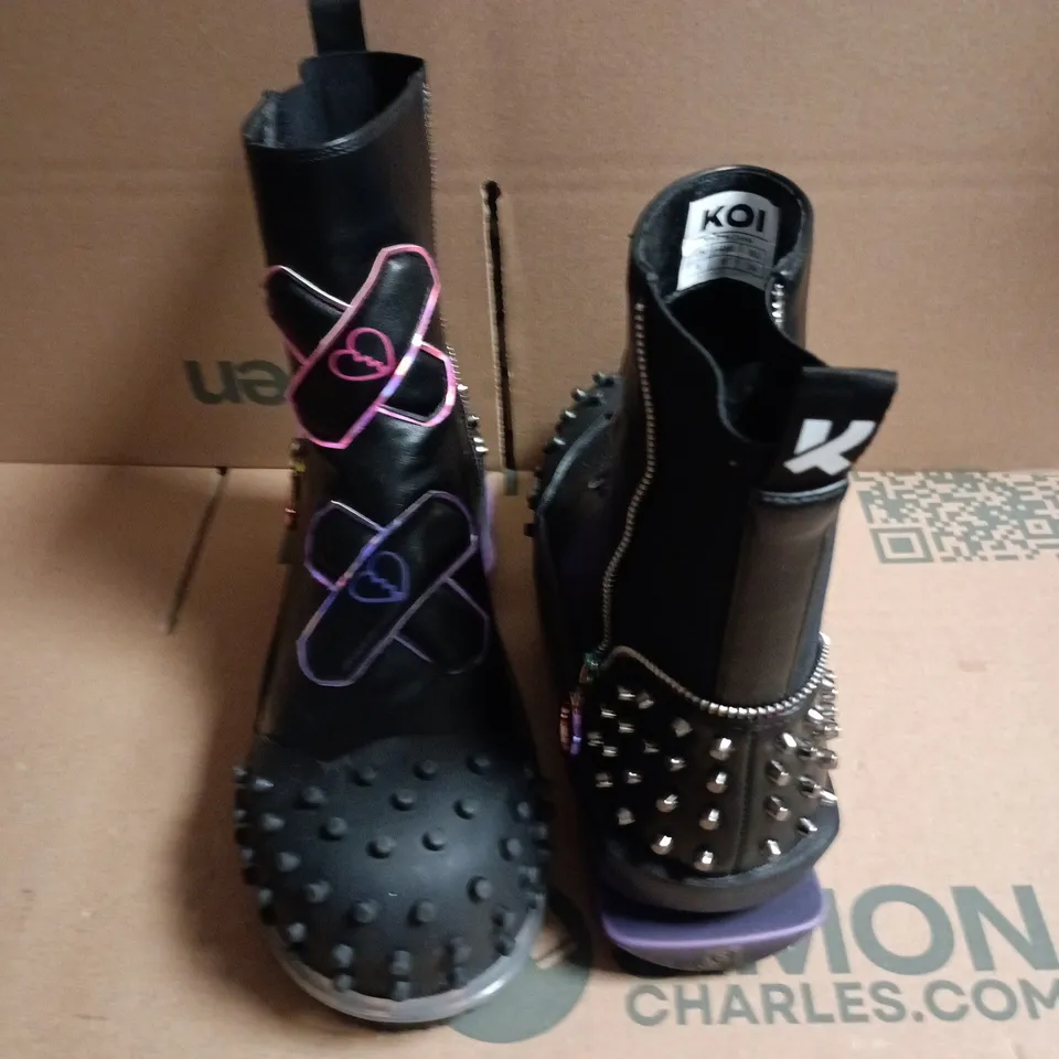 KOI BLACK STUDDED MID-CALF BOOTS WITH PURPLE TRANSLUCENT SOLE – RAINBOW LACES - UK 6
