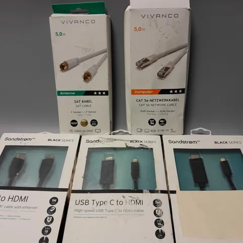 5 BOXED ELECTRICAL PRODUCTS TO INCLUDE SANDSTROM BLACK SERIES HDMI TO HDMI, VIVANCO CAT 5e NETOWRK CABLE, VIVANCO SAT CABLE, ETC