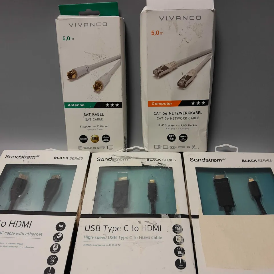 5 BOXED ELECTRICAL PRODUCTS TO INCLUDE SANDSTROM BLACK SERIES HDMI TO HDMI, VIVANCO CAT 5e NETOWRK CABLE, VIVANCO SAT CABLE, ETC