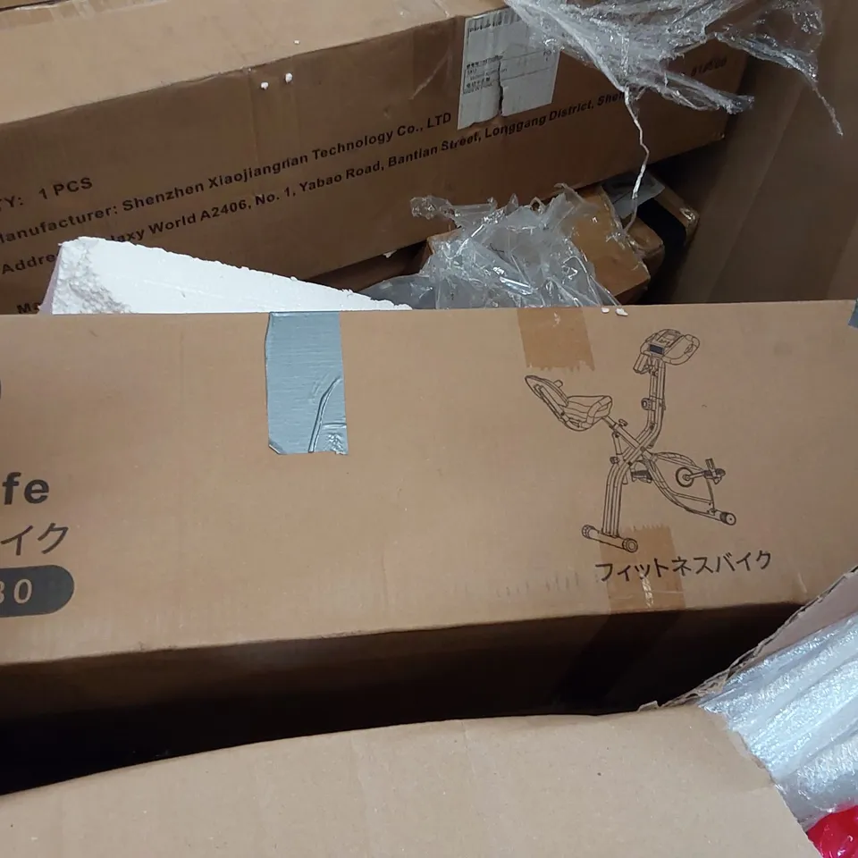 PALLET OF ASSORTED ITEMS INCLUDING: OFFICE CHAIR, EXERCISE BIKE, METAL DRYING RACKS, METAL SHELVES