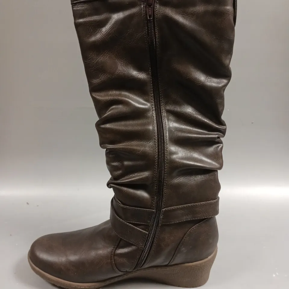 LOT OF 8 BOXED PAIRS OF BARRATTS STRAP AND ROUCHE WEDGE HIGH LEG BOOTS - 6