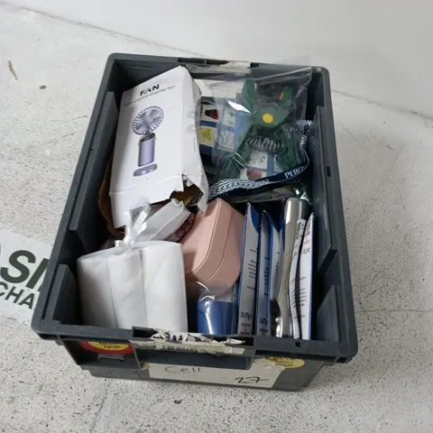BOX CONTAINING A MIX OF APPROXIMATELY 6 ASSORTED ITEMS INCLUDING FAN, WHITE TACK (BLUE TACK), FABRIC ETC.