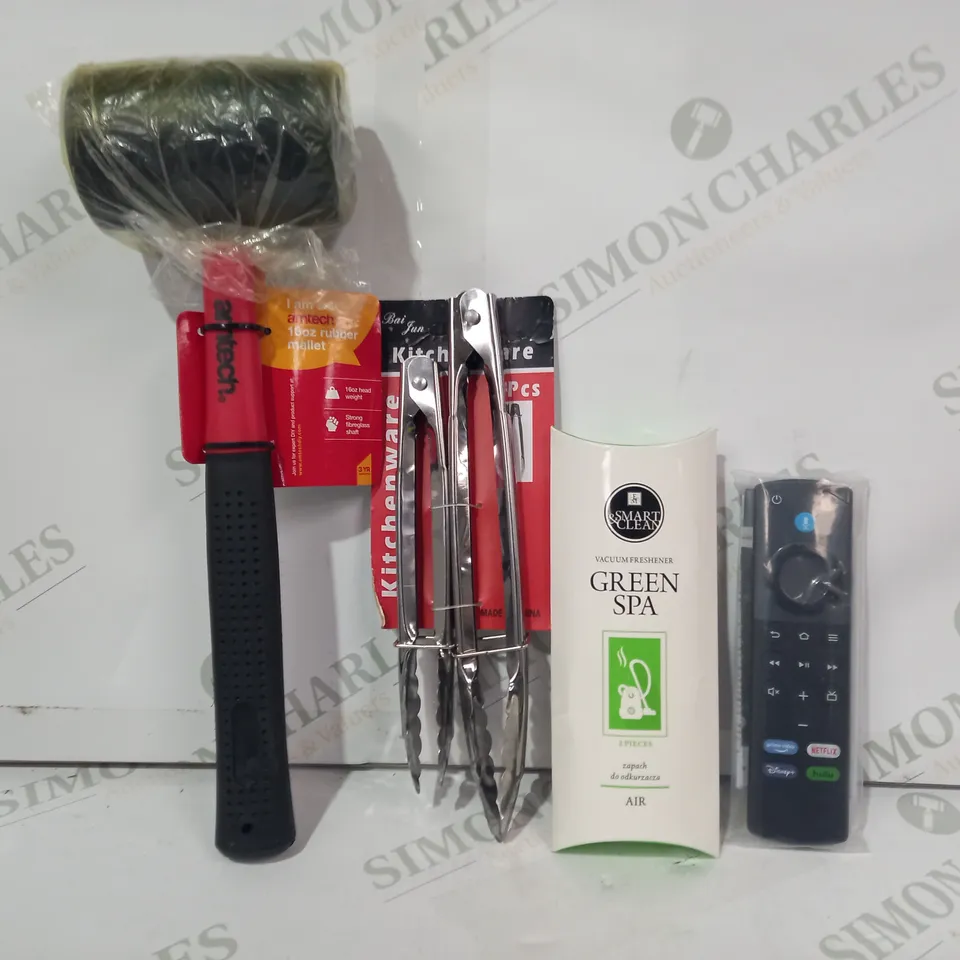 LOT OF APPROXIMATELY 10 ASSORTED HOUSEHOLD ITEMS TO INCLUDE RUBBER MALLET, KITCHEN TONGS, ETC
