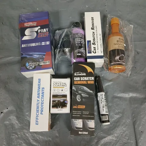 APPROXIMATELY 10 ASSORTED CAR ACCESSORIES TO INCLUDE CAR SCRATCH REMOVER, PLASTIC CRYSTAL COATING, CATALTIC CONVERTER CLEANER - ETC