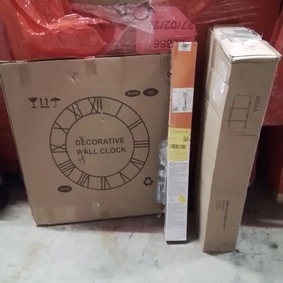 PALLET OF ASSORTED HOUSEHOLD GOODS AND PRODUCTS TO INCLUDE;WALL CLOCK,RETRACTABLE SAFETY GATE,LED FLOOD LIGHT