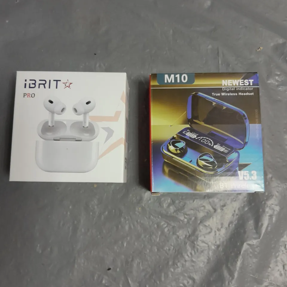 LOT OF 2 WIRELESS HEADSETS TO INCLUDE IBRIT PRO WIRELESS EARBUDS AND M10 NEWEST DIGITAL INDICATOR WIRELESS EARBUDS