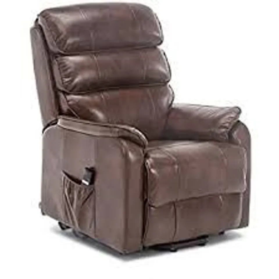 BOXED BUCKINGHAM BROWN FAUX LEATHER POWER RISE & RECLINE EASY CHAIR (2 BOXES)