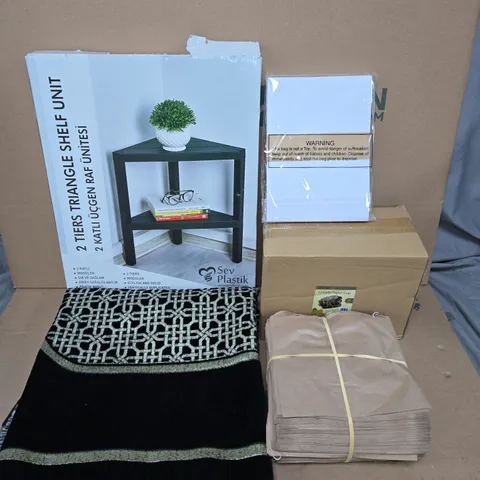 BOX OF APPROXIMATELY 15 ASSORTED HOUSEHOLD ITEMS TO INCLUDE PRAYER MAT, TRIANGLE SHELF UNIT AND WHITE ENVELOPES
