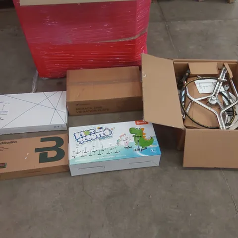 PALLET OF ASSORTED ITEMS INCLUDING: PROFESSIONAL 20 INCH SURFACE CLEANER, MERACH VIBRATION PLATE, DERW SHOWER SYSTEM, BRIWELLNA INSTANT WATER HEATING FAUCET, KIDS SCOOTER ECT
