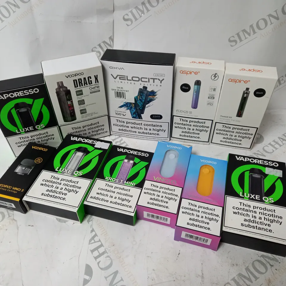 BOX OF APPROXIMATELY 10 ASSORTED E-CIG PRODUCTS TO INCLUDE ASPIRE, OXVA, VAPORESSO ETC.