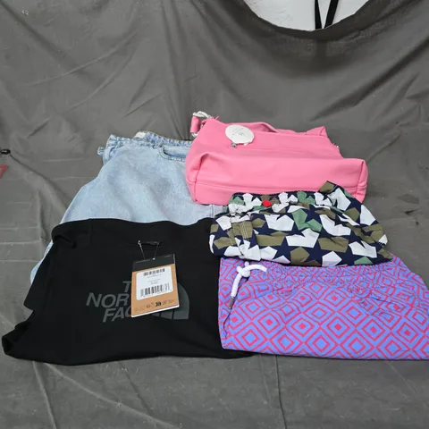 BOX OF APPROXIMATELY 30 ASSORTED CLOTHING ITEMS INCLUDING THE NORTH FACE BLACK TANK TOP MEDIUM, FRESCOBOL CARIOCA SHORTS LARGE, KITON SHORTS LARGE AND MINISSIMI PINK BAG 
