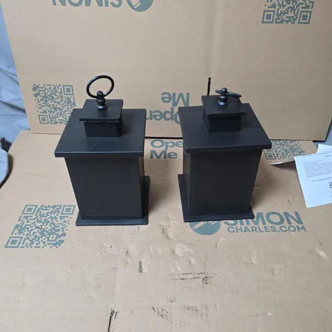 SET OF 2 BLACK SQUARE FIREPLACE LANTERNS WITH WARM LIGHT (BATTERY OPERATED)