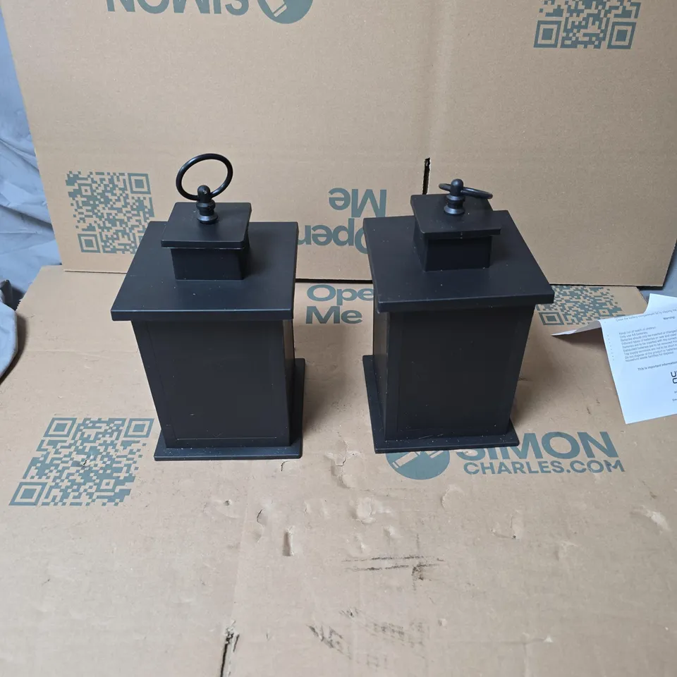 SET OF 2 BLACK SQUARE FIREPLACE LANTERNS WITH WARM LIGHT (BATTERY OPERATED)