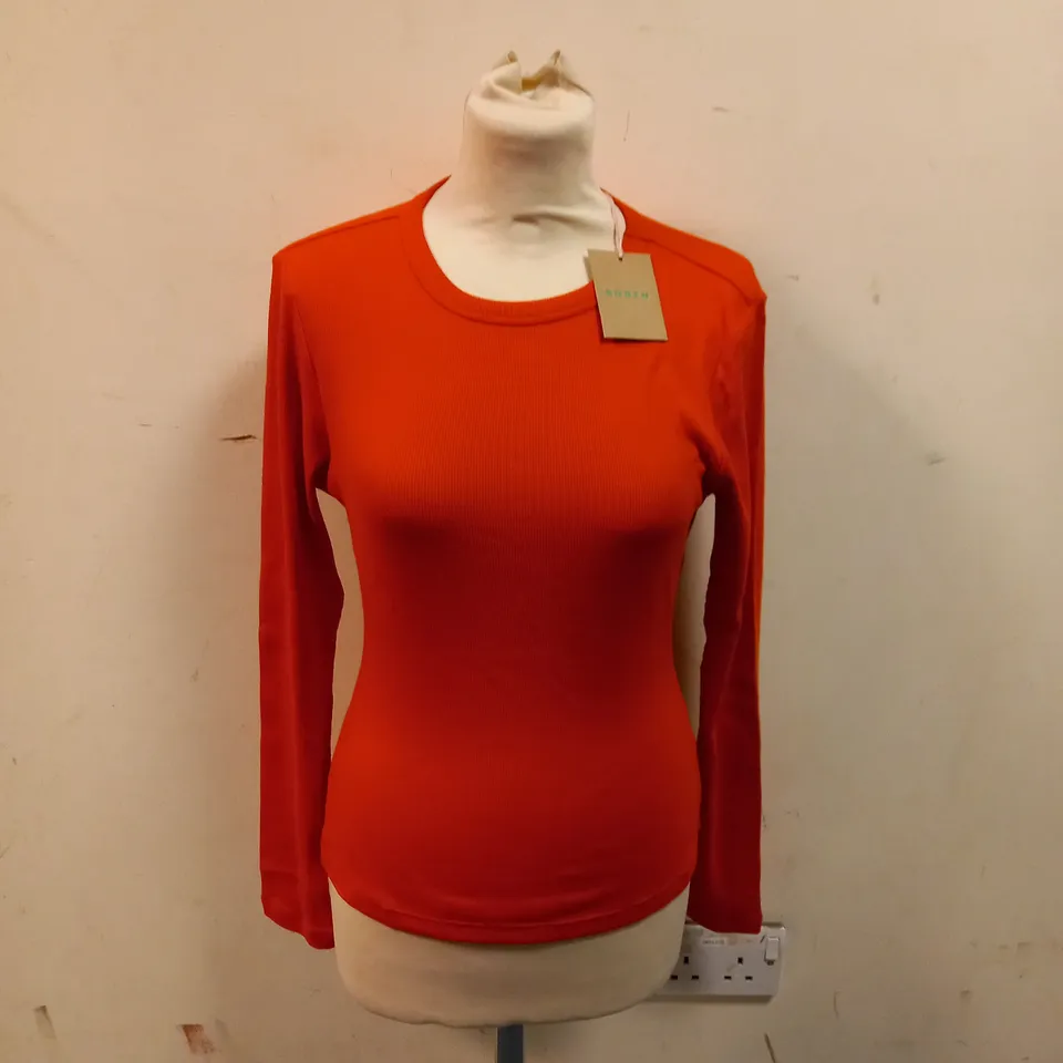 BODEN RED RIBBED COTTON LONG SLEEVED TOP - SIZE M 