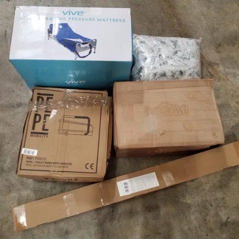 PALLET CONTAINING ASSORTED PRODUCTS INCLUDING 8" ALTERNATING PRESSURE MATTRESS, DOG BED, TOILET RISER WITH HANDLES, TRUNKI KIDS SUITCASE & VAILGE TENSION ROD