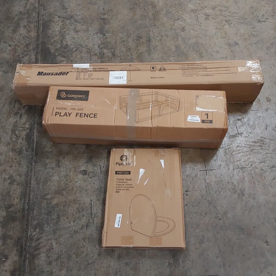 PALLET OF ASSORTED HOUSEHOLD ITEMS AND CONSUMER PRODUCTS TO INCLUDE; TOILET SEATS, PLAYPEN, PAGODA FRINGE UMBRELLA, BOXED FURNITURE ETC 