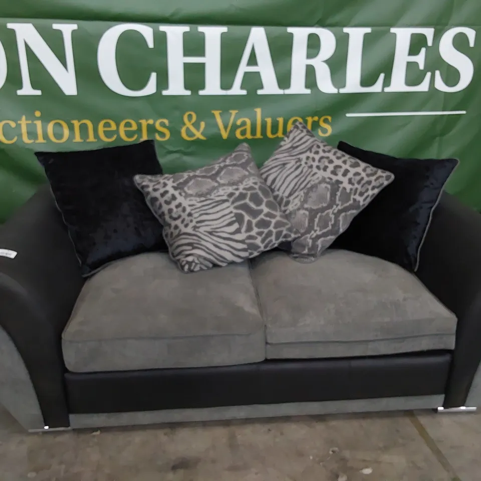 DESIGNER TWO SEATER SOFA BLACK FAUX LEATHER & GREY FABRIC WITH SCATTER CUSHIONS