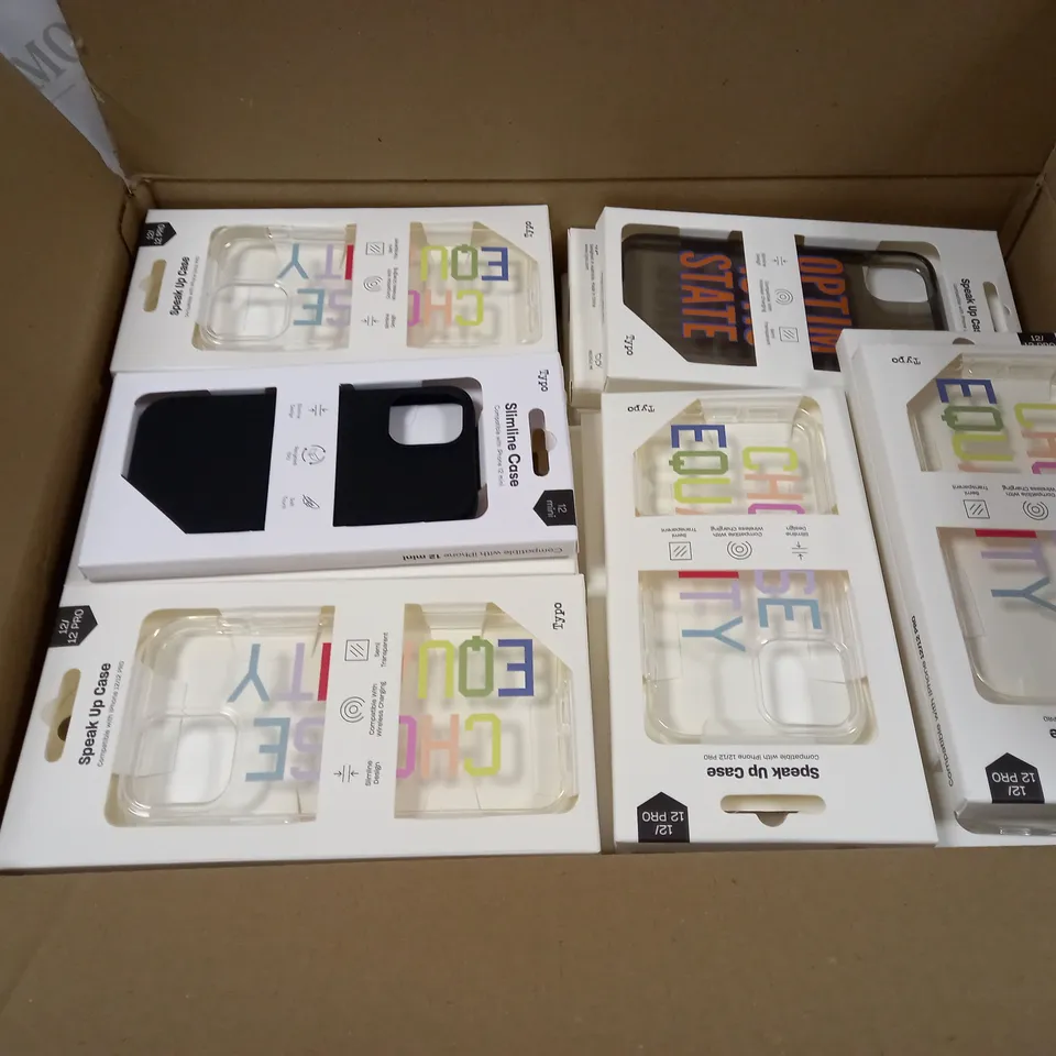 BOX OF APPROXIMATELY 55 TYPO PHONES CASES ('SLIMLINE CASE' & 'SPEAK UP CASE') FOR IPHONE 11, 12 MINI, 12/12PRO IN VARYING COLOURS